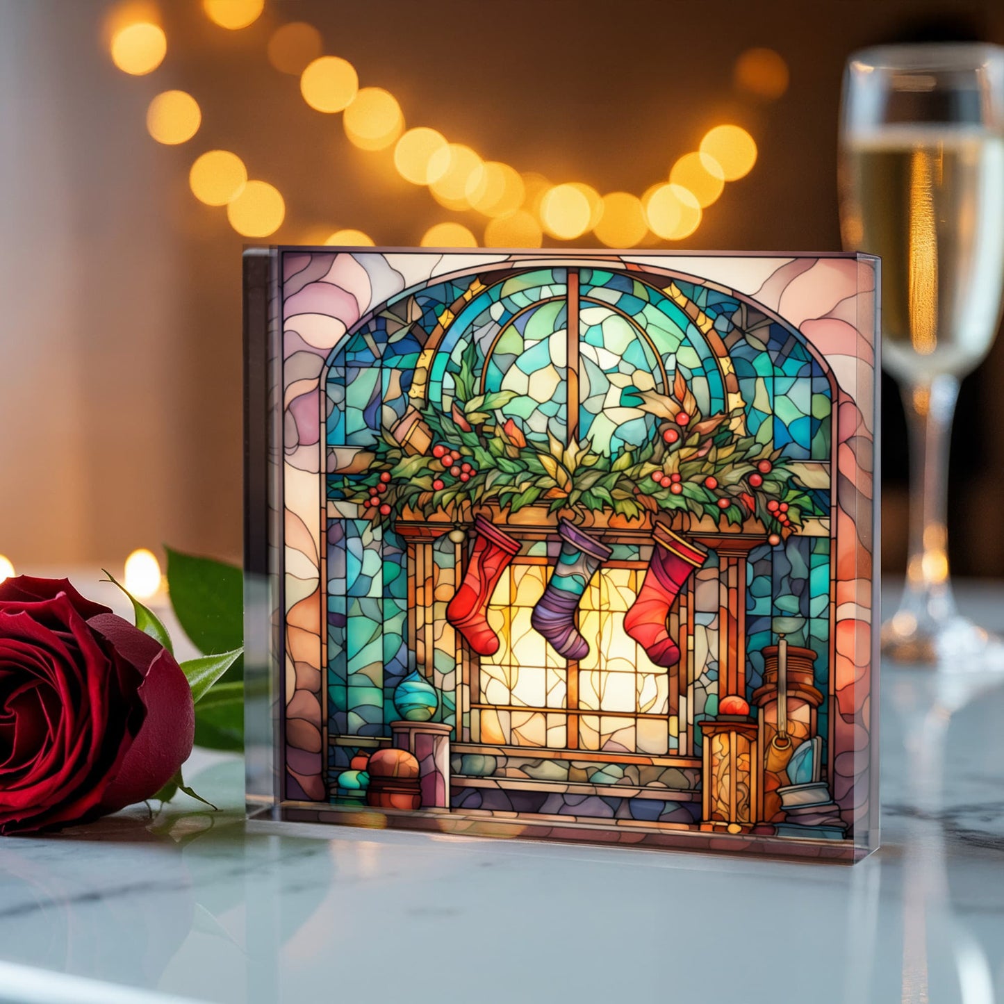 Christmas Stained Glass Style Design 015 - 6" x 6" Acrylic Block