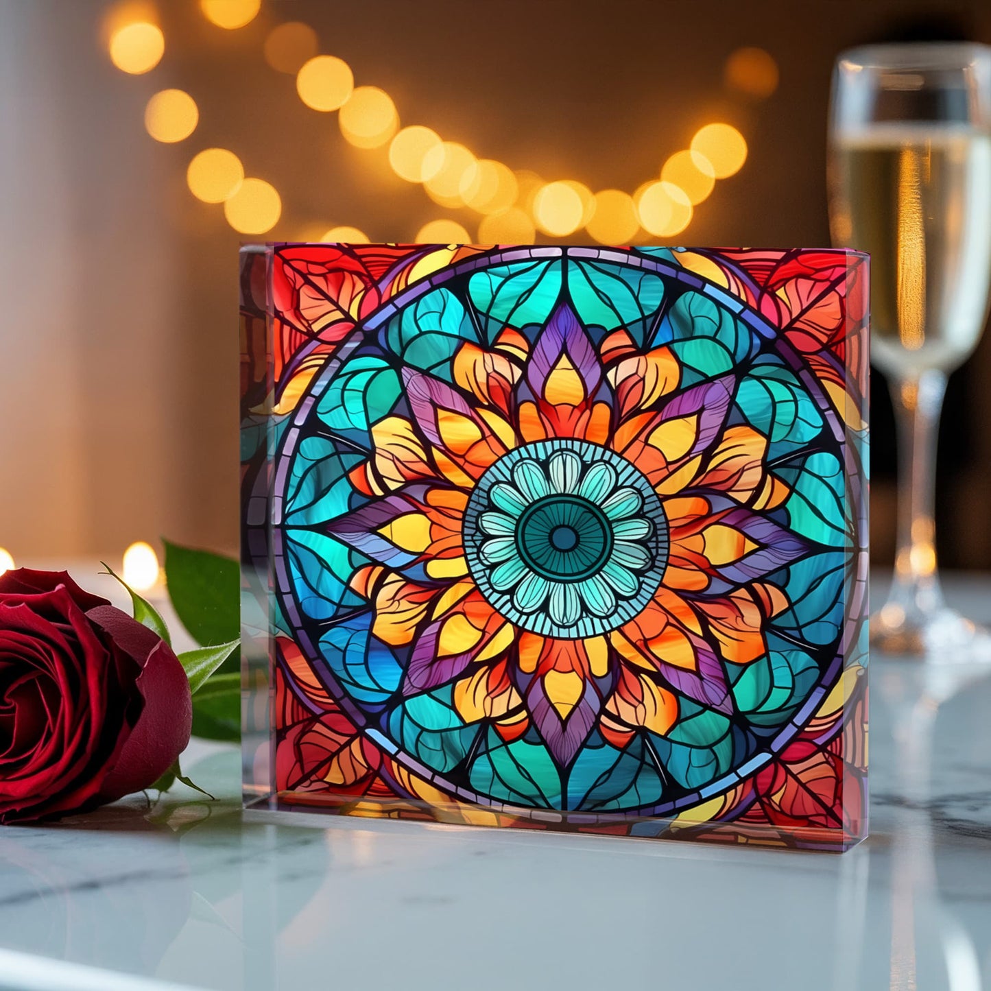 Mandala Stained Glass Style Design 010 - 6" x 6" Acrylic Block