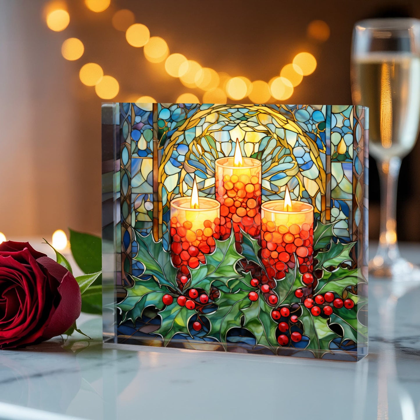 Christmas Stained Glass Style Design 010 - 6" x 6" Acrylic Block