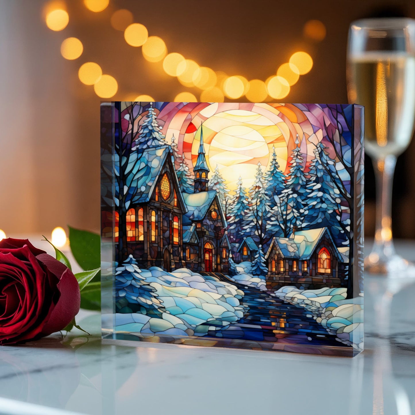 Christmas Stained Glass Style Design 002 - 6" x 6" Acrylic Block