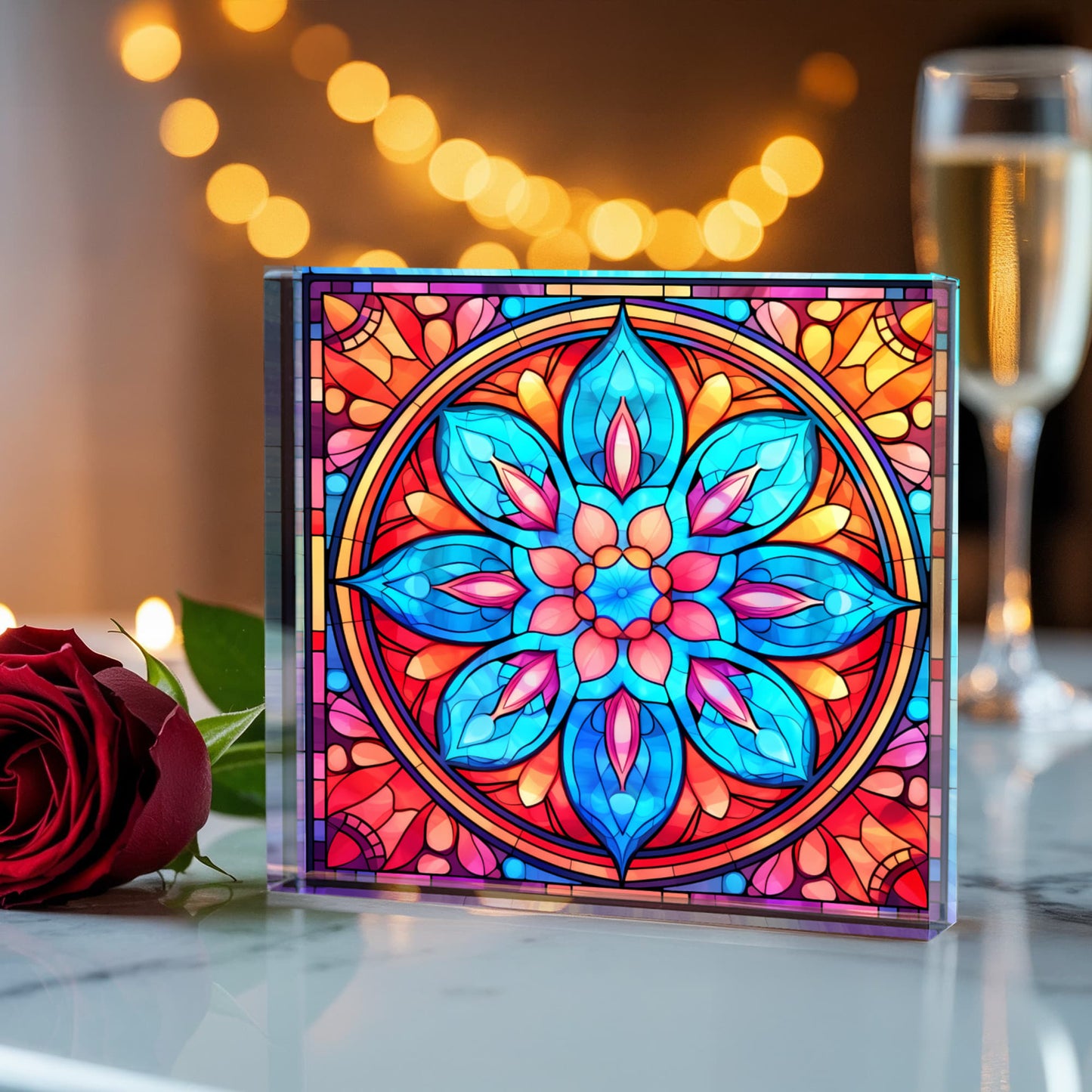 Mandala Stained Glass Style Design 002 - 6" x 6" Acrylic Block