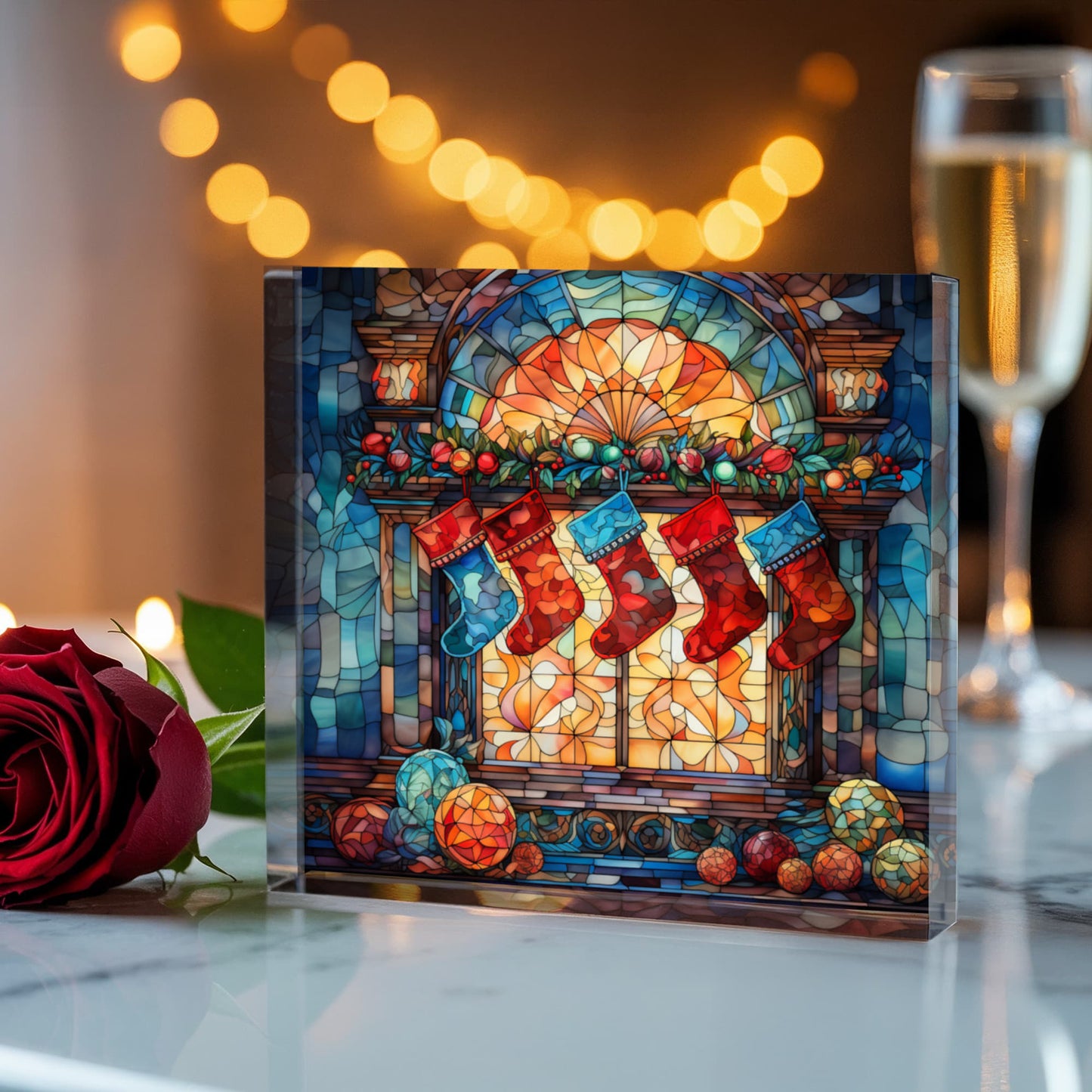 Christmas Stained Glass Style Design 005 - 6" x 6" Acrylic Block