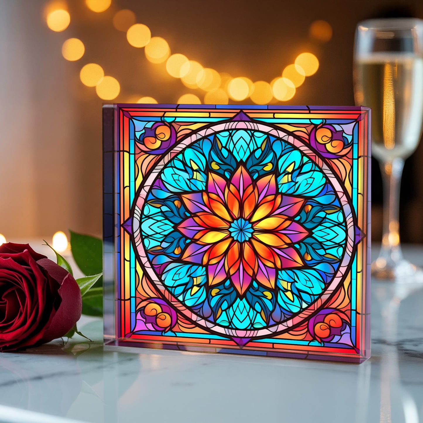 Mandala Stained Glass Style Design 003 - 6" x 6" Acrylic Block