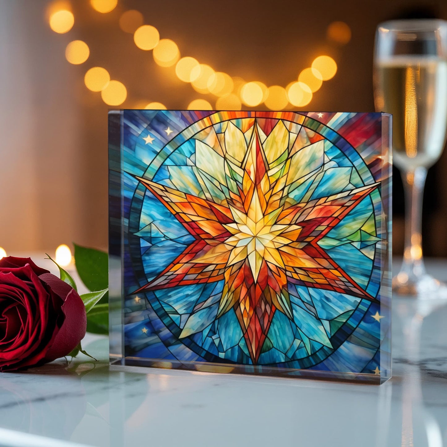 Christmas Stained Glass Style Design 014 - 6" x 6" Acrylic Block