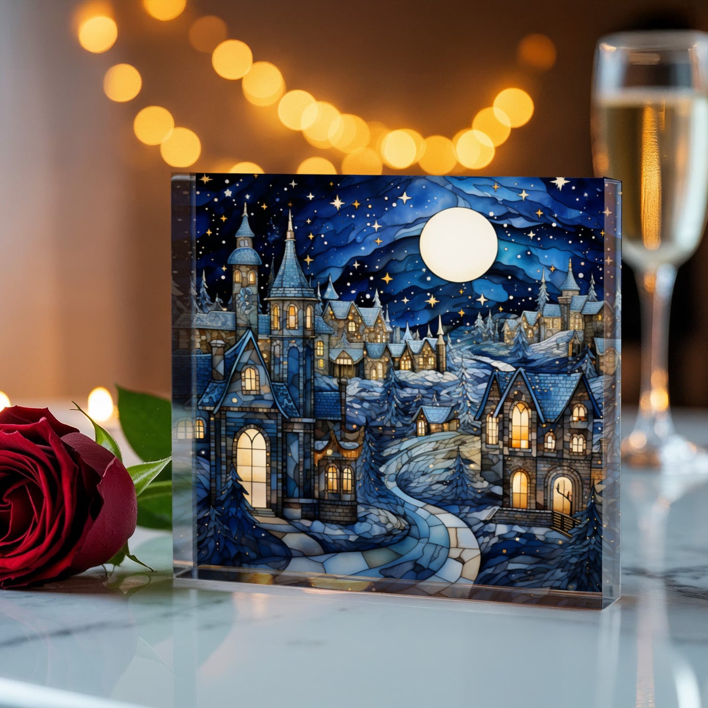 Christmas Stained Glass Style Design 022 - 6" x 6" Acrylic Block