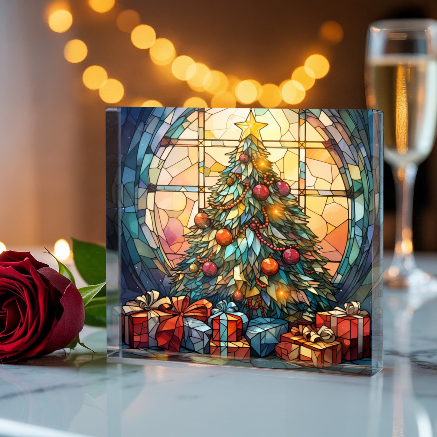 Christmas Stained Glass Style Design 011 - 6" x 6" Acrylic Block
