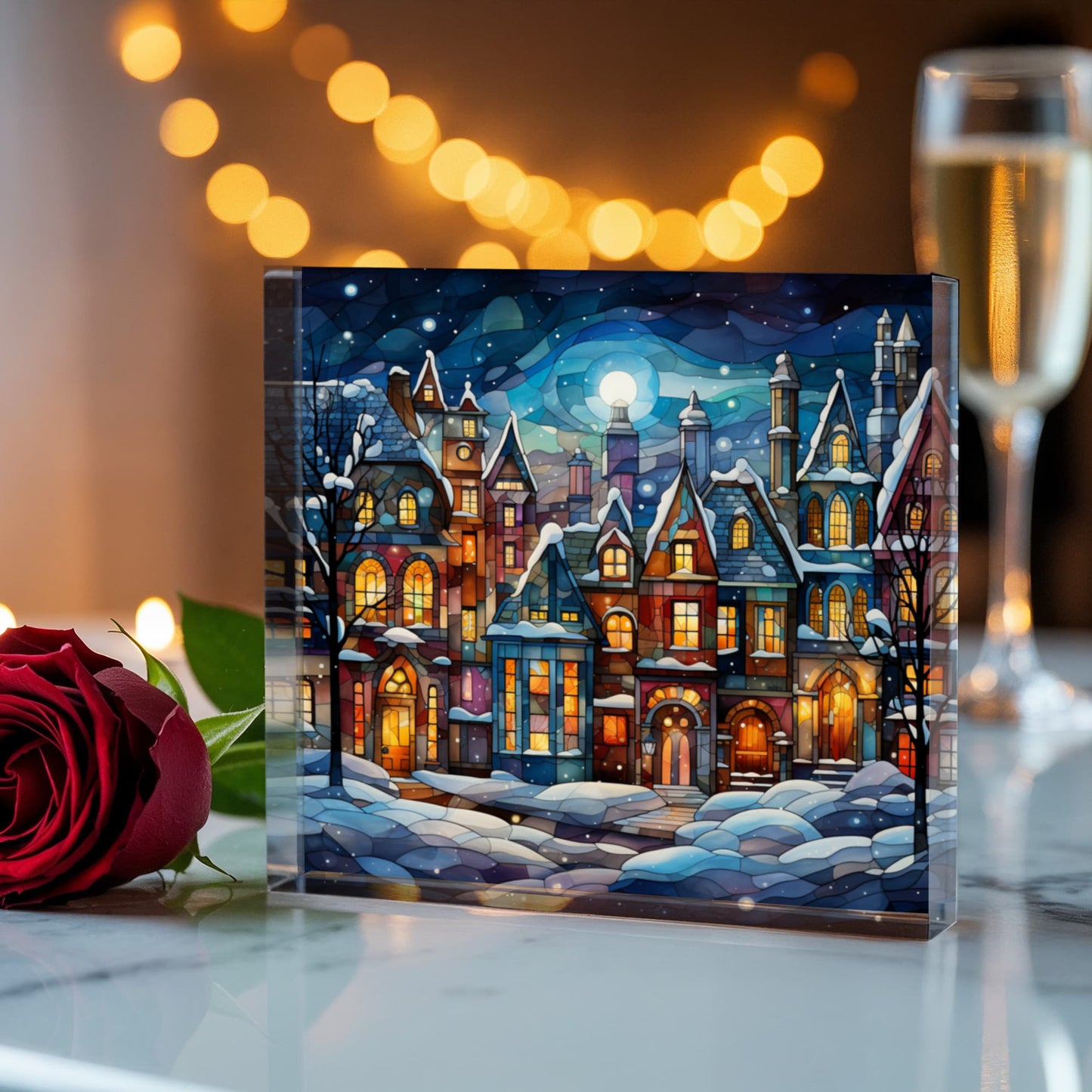 Christmas Stained Glass Style Design 004 - 6" x 6" Acrylic Block