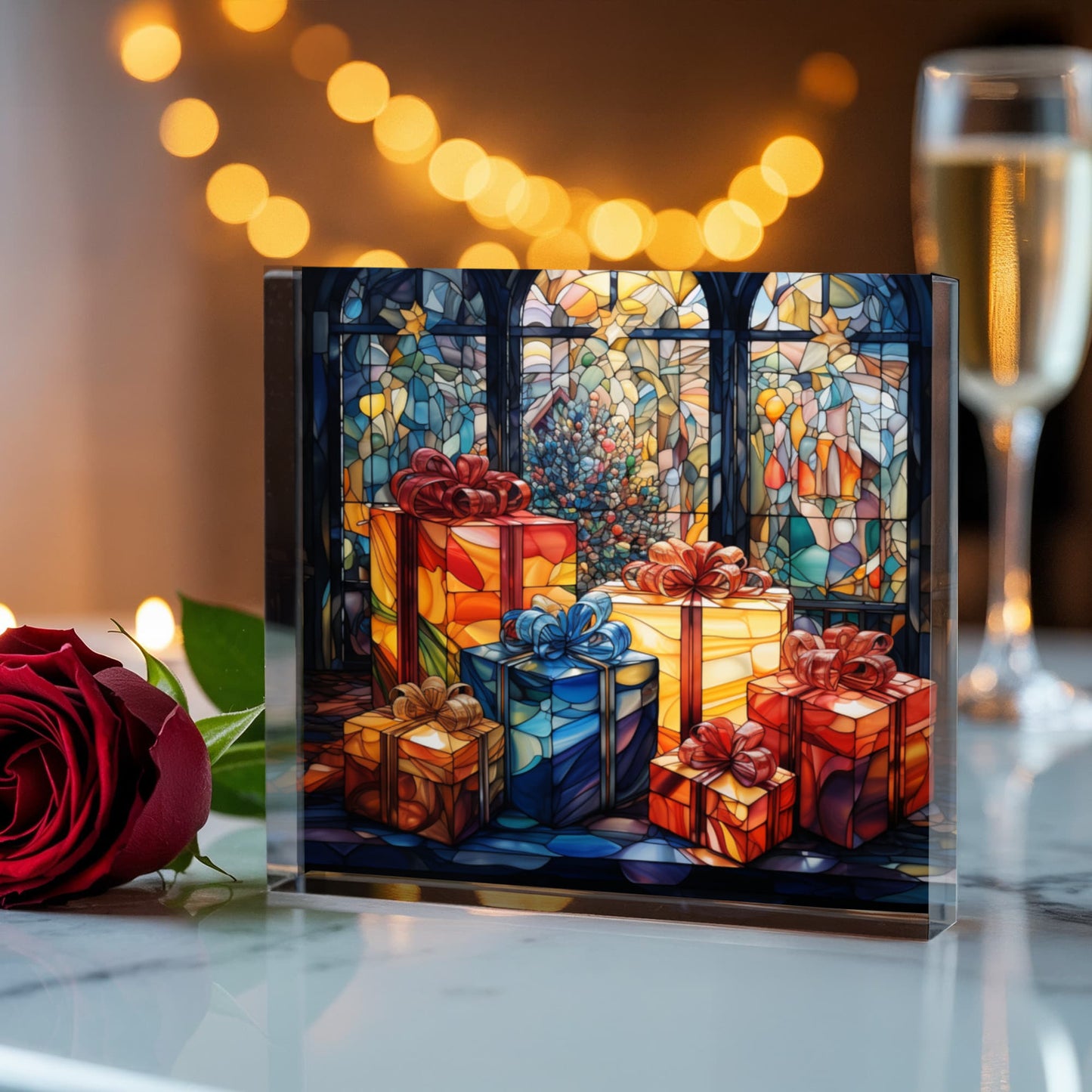 Christmas Stained Glass Style Design 008 - 6" x 6" Acrylic Block