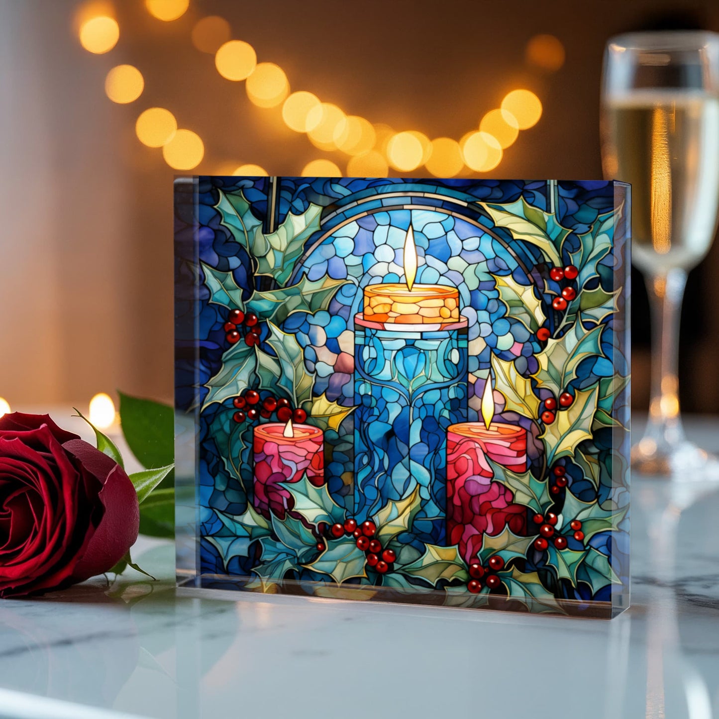 Christmas Stained Glass Style Design 023 - 6" x 6" Acrylic Block