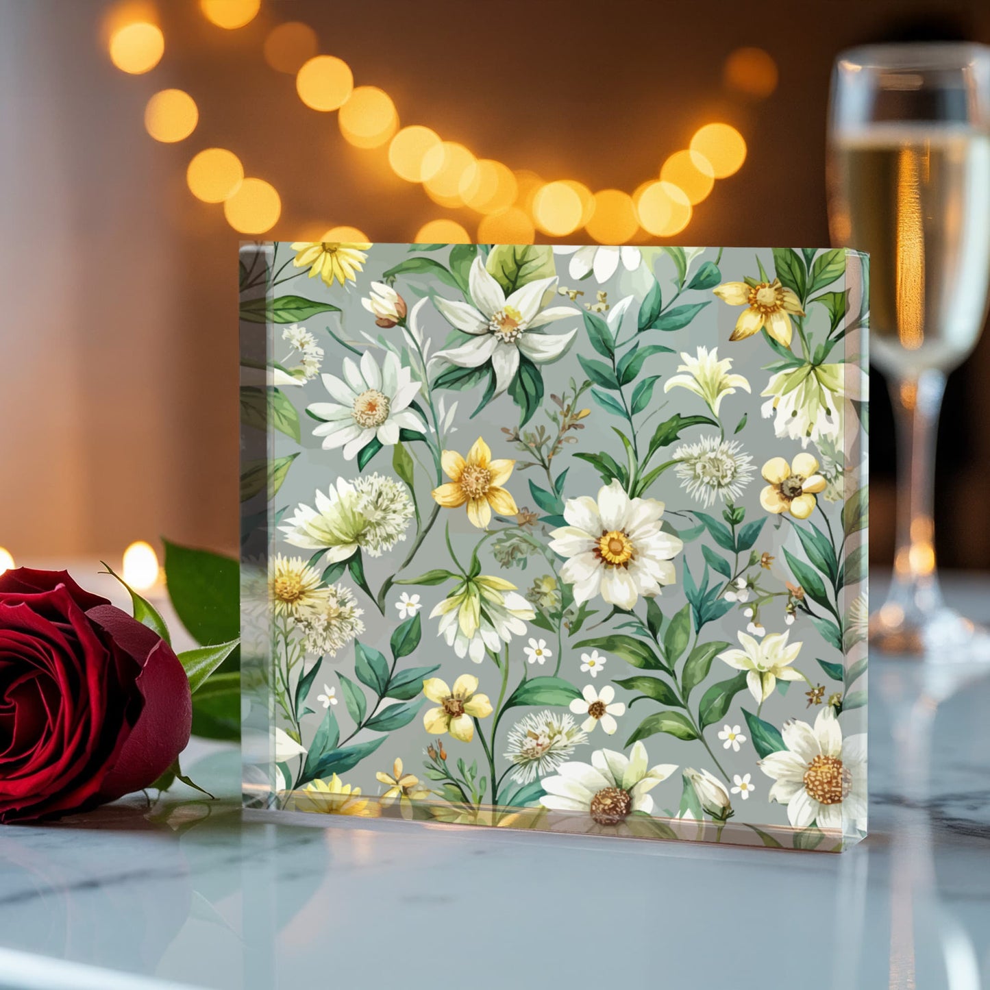 Folk Floral Pattern, Alpine Inspired 01 - 6" x 6" Acrylic Block