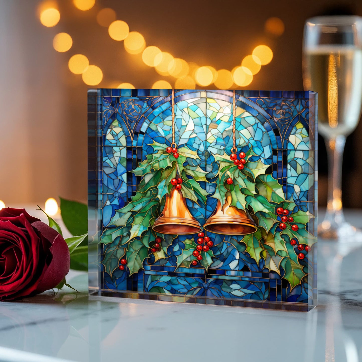 Christmas Stained Glass Style Design 027 - 6" x 6" Acrylic Block
