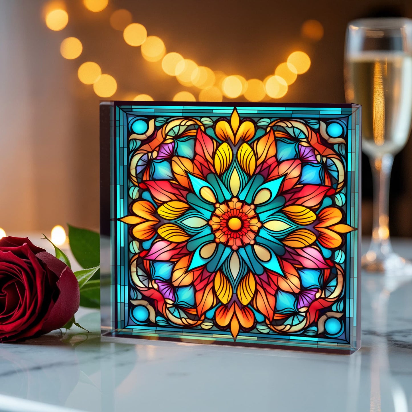 Mandala Stained Glass Style Design 004 - 6" x 6" Acrylic Block