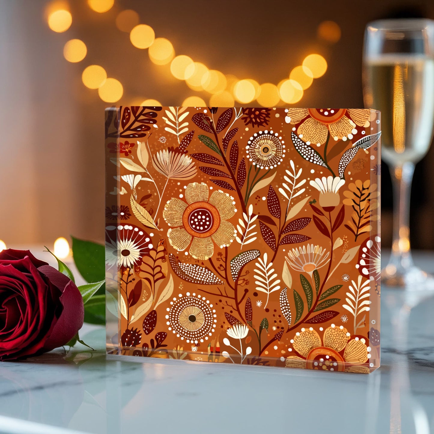Folk Floral Pattern, Aboriginal Inspired 01 - 6" x 6" Acrylic Block