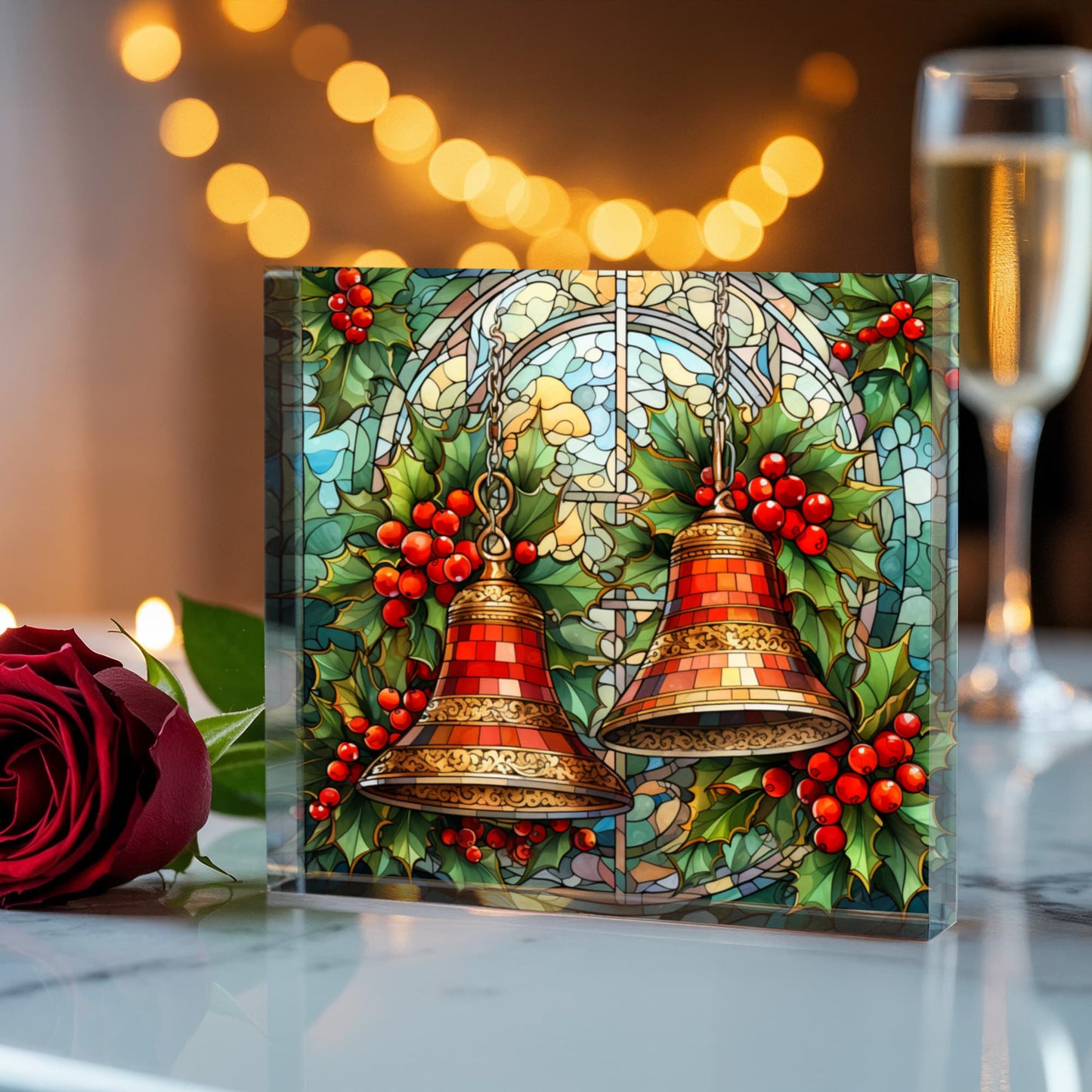 Christmas Stained Glass Style Design 017 - 6" x 6" Acrylic Block