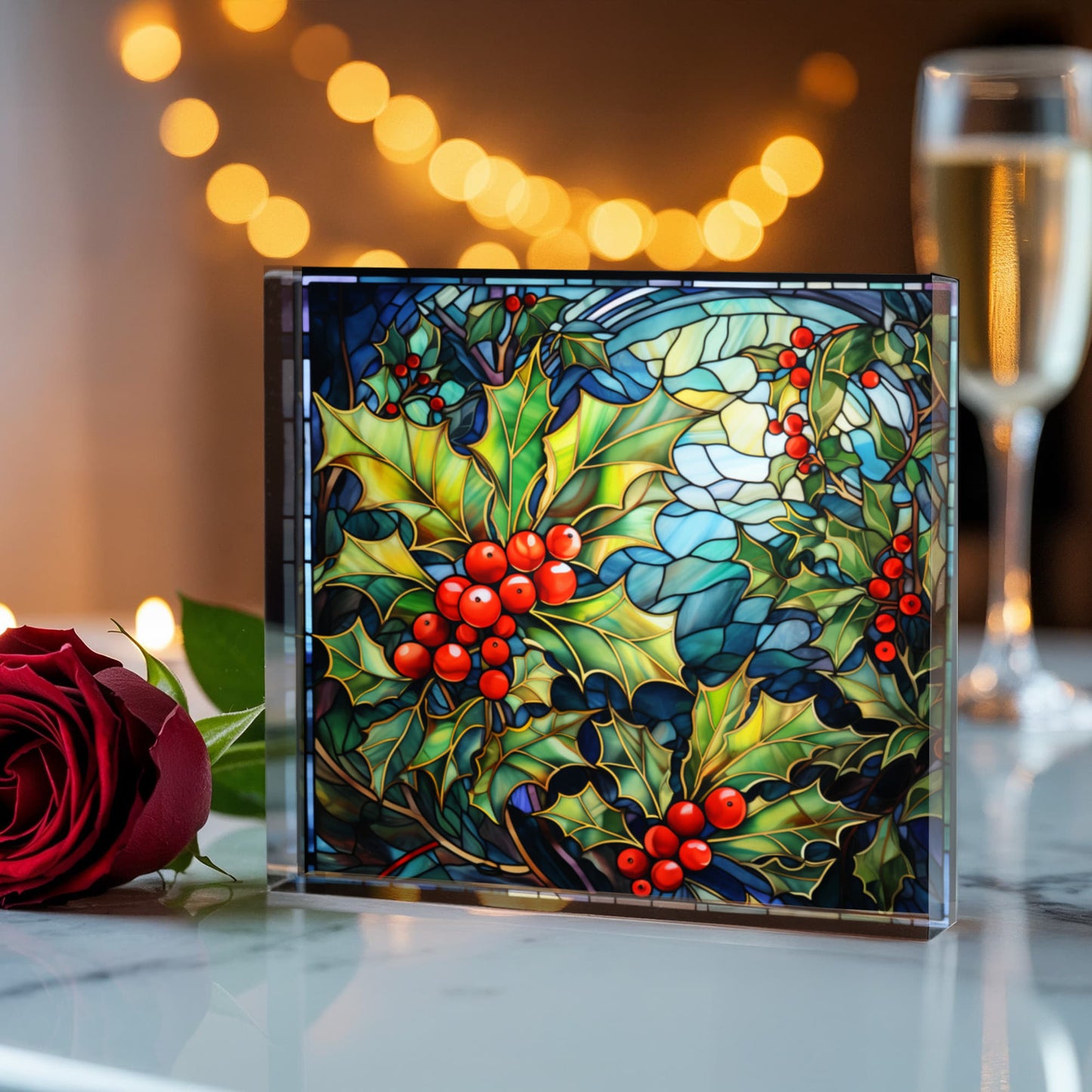 Christmas Stained Glass Style Design 007 - 6" x 6" Acrylic Block