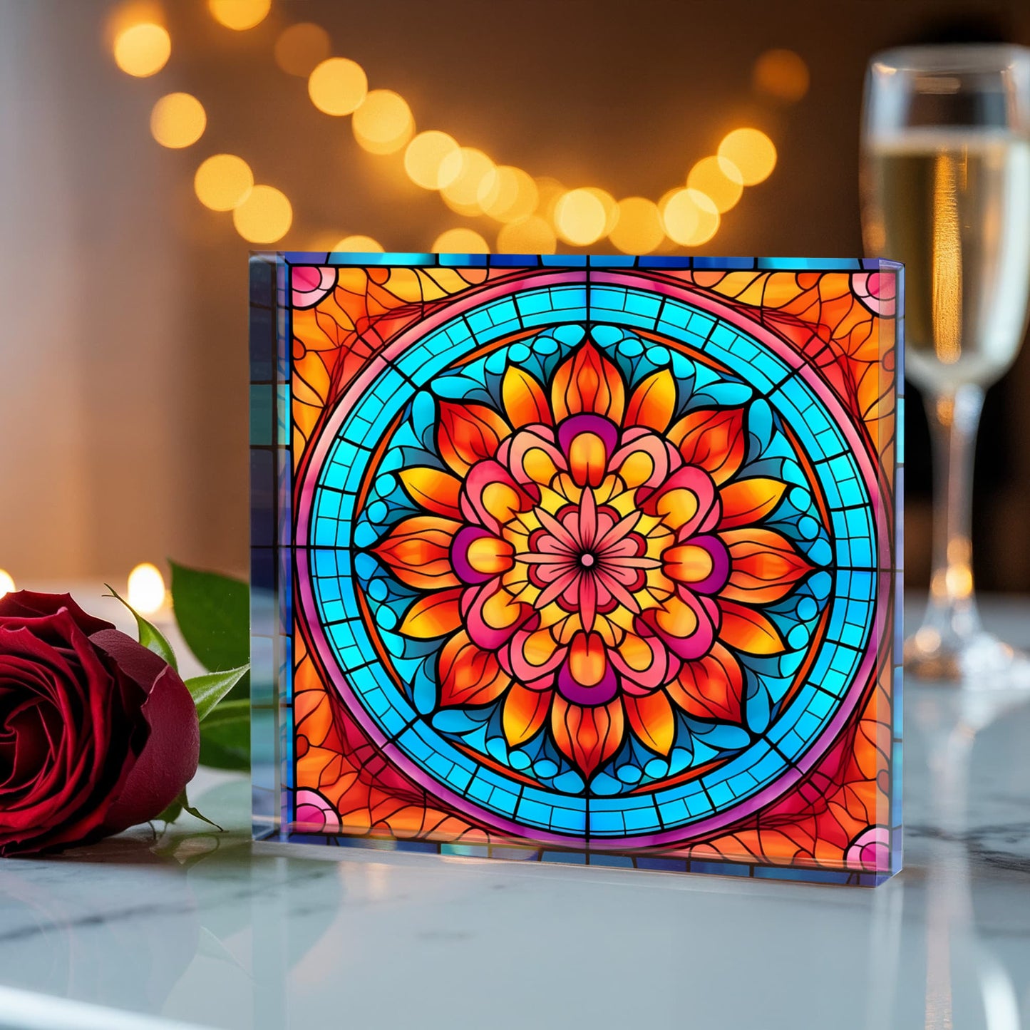 Mandala Stained Glass Style Design 009 - 6" x 6" Acrylic Block