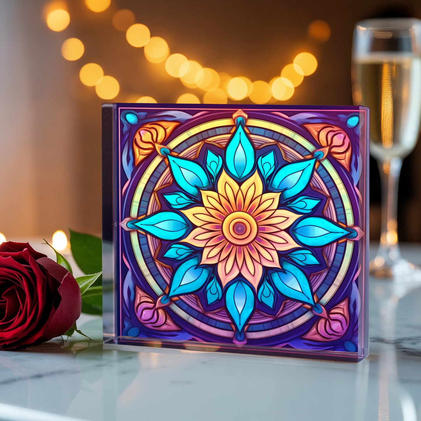 Mandala Stained Glass Style Design 001 - 6" x 6" Acrylic Block