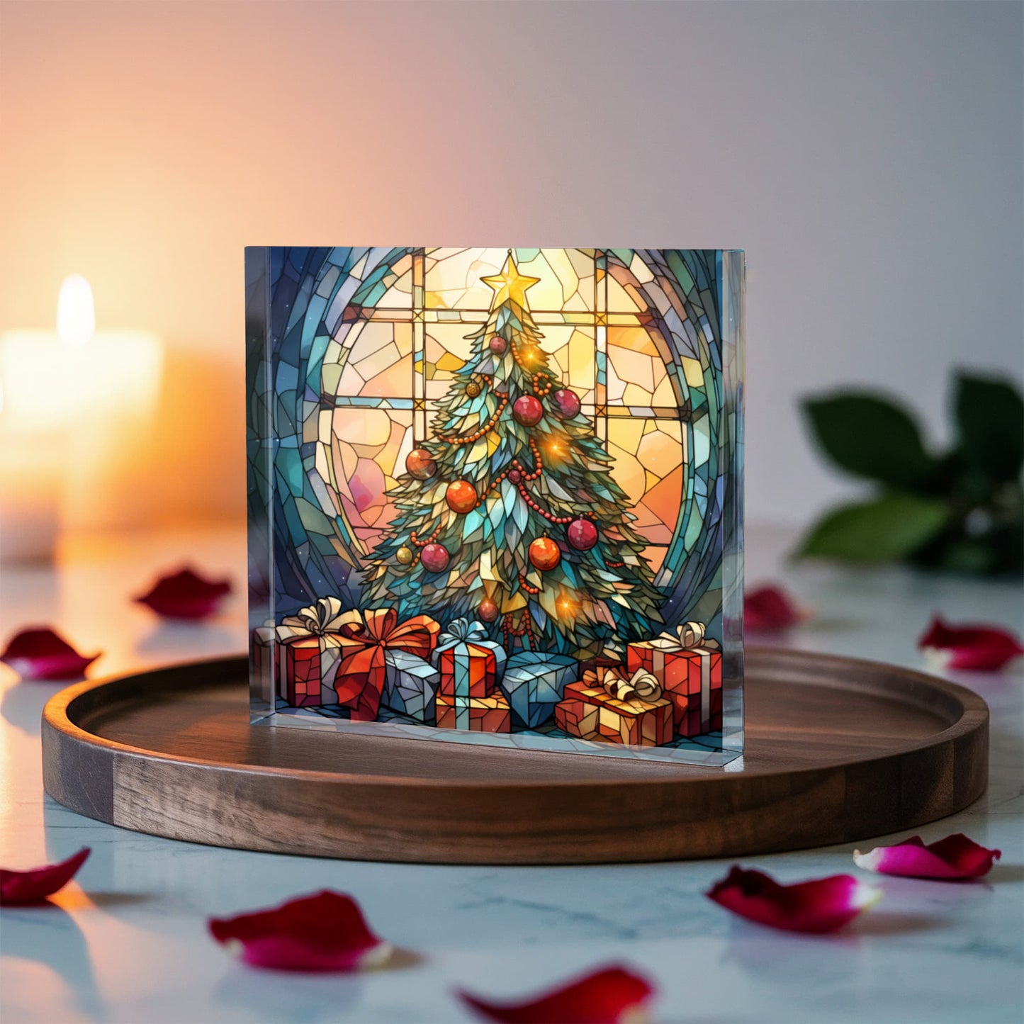 Christmas Stained Glass Style Design 011 - 6" x 6" Acrylic Block