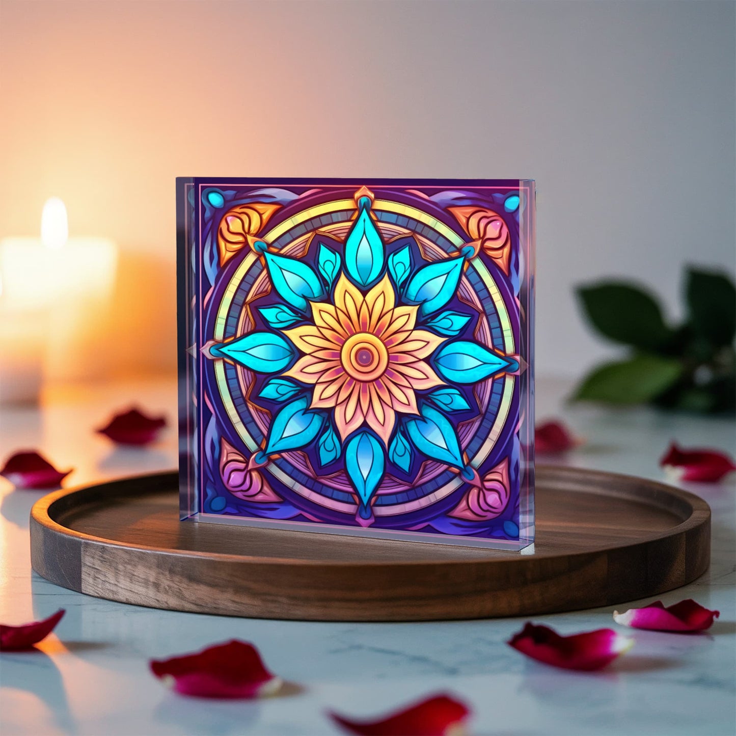 Mandala Stained Glass Style Design 001 - 6" x 6" Acrylic Block