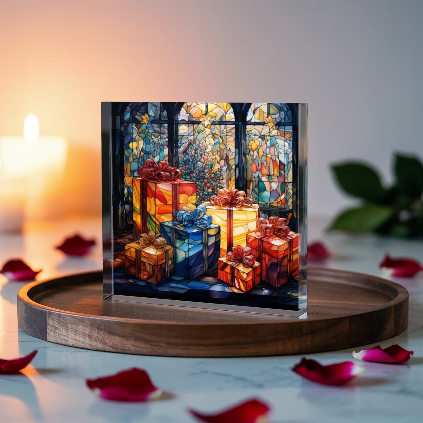 Christmas Stained Glass Style Design 008 - 6" x 6" Acrylic Block