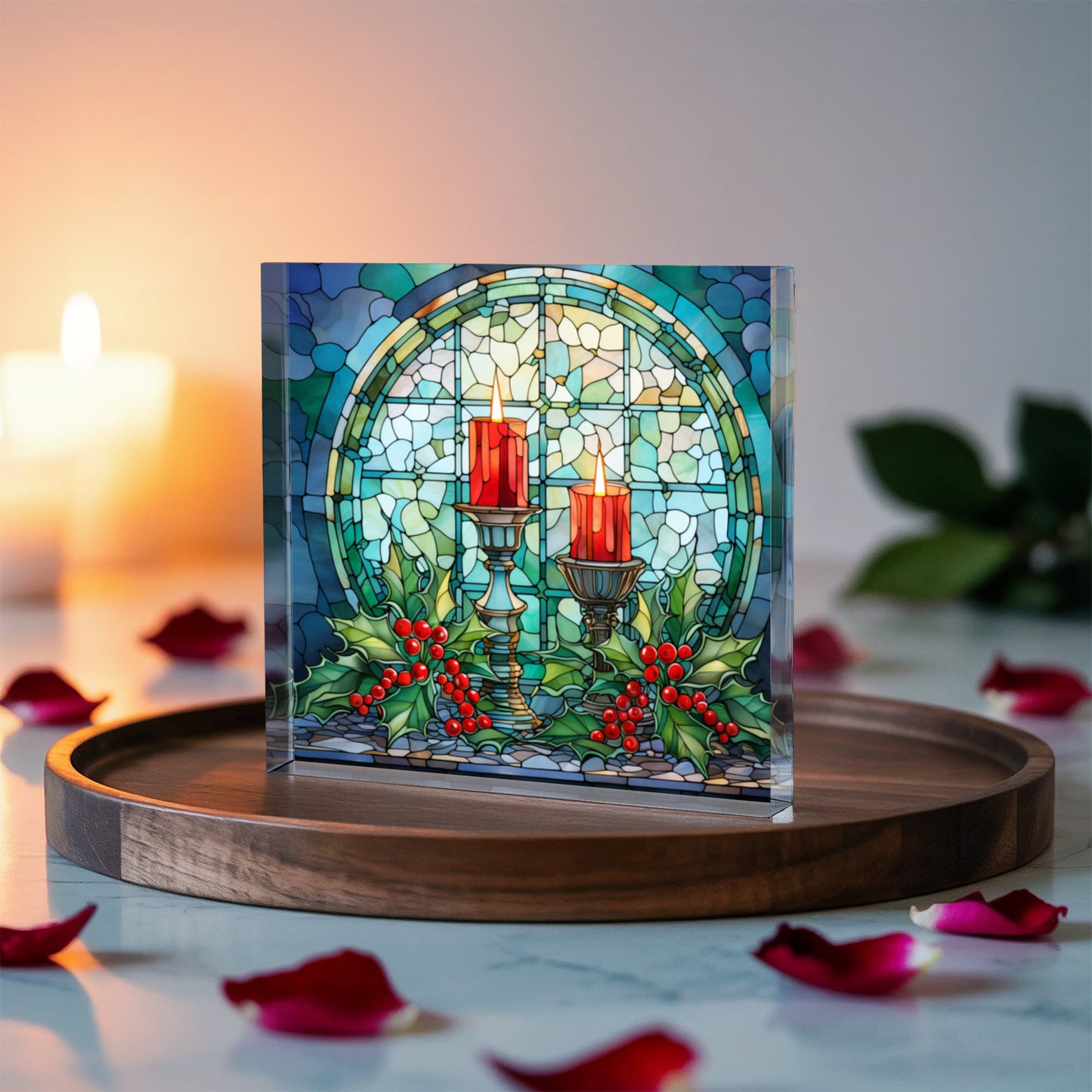 Christmas Stained Glass Style Design 016 - 6" x 6" Acrylic Block