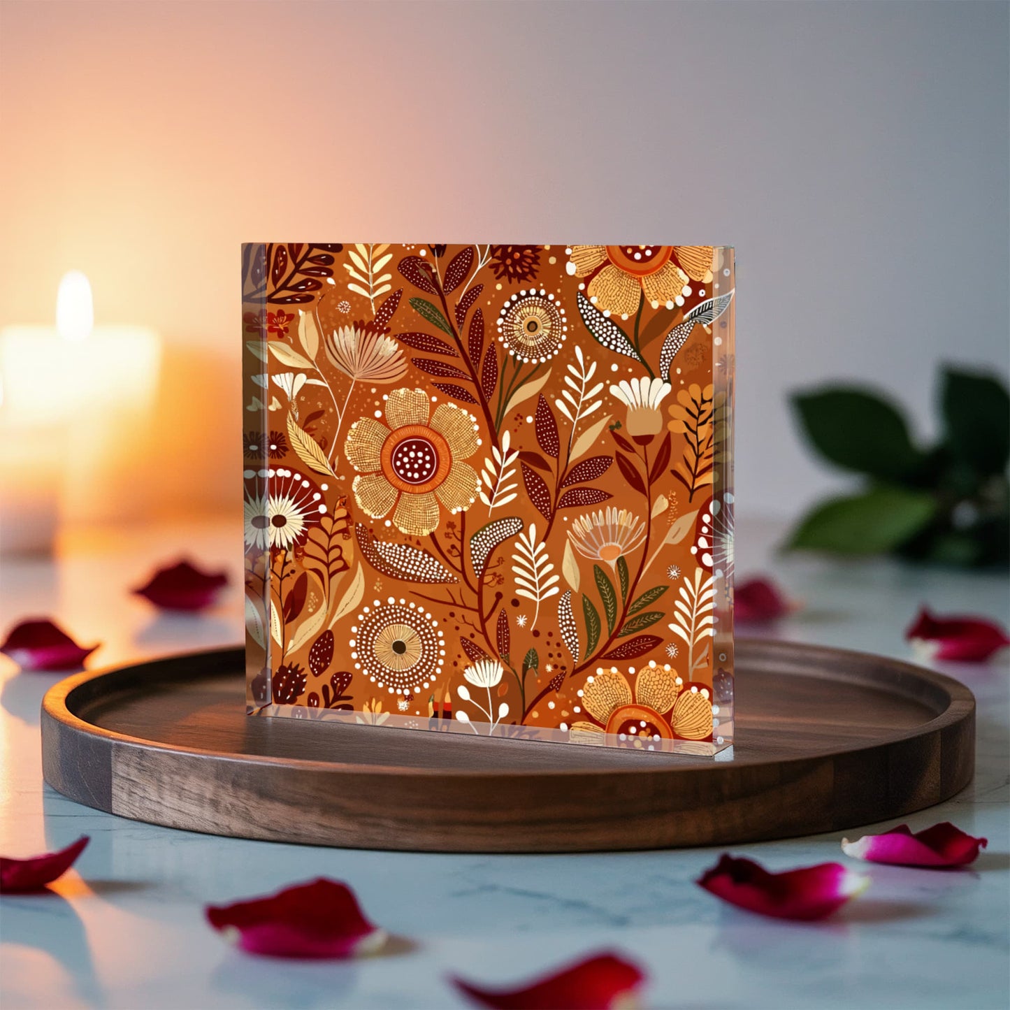 Folk Floral Pattern, Aboriginal Inspired 01 - 6" x 6" Acrylic Block