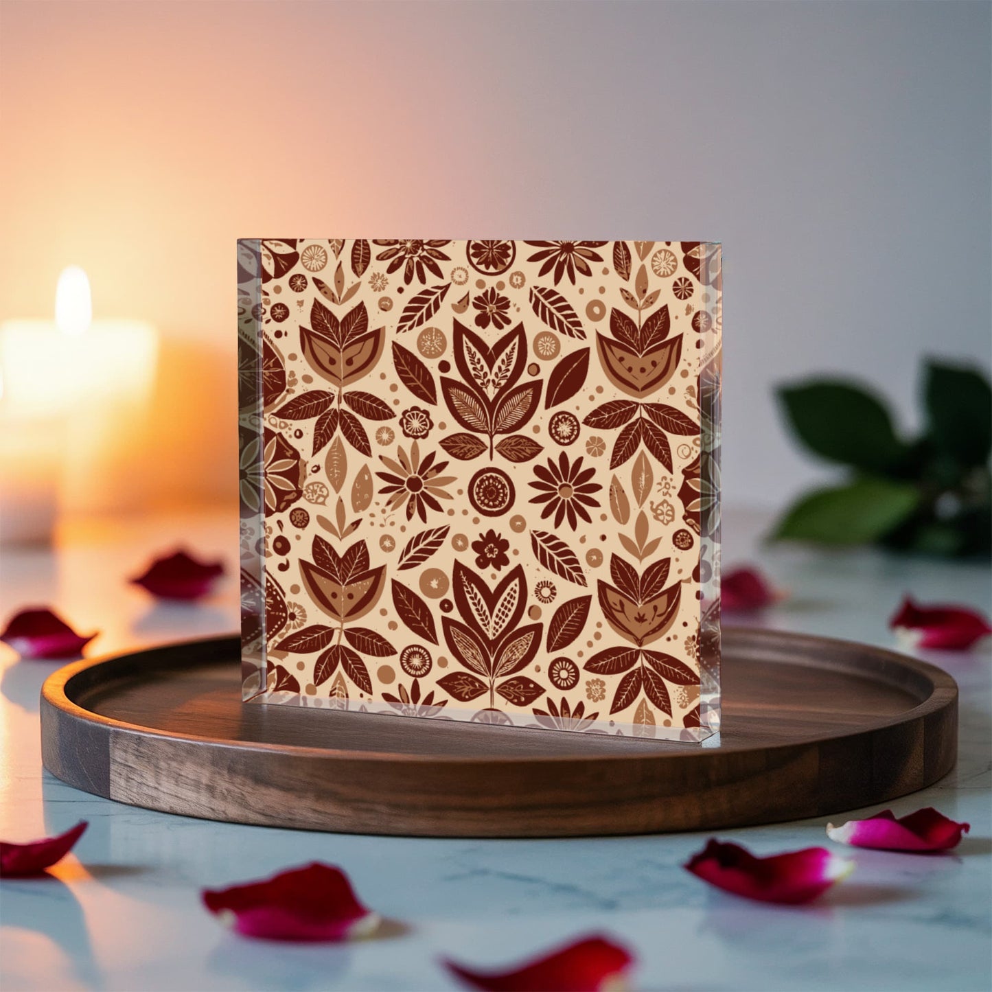 Folk Floral Pattern, Aztec Inspired 02 - 6" x 6" Acrylic Block
