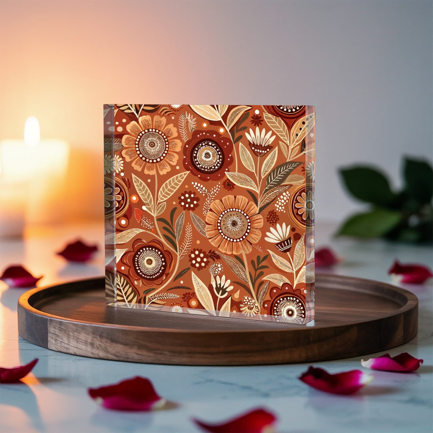 Folk Floral Pattern, Aboriginal Inspired 02 - 6" x 6" Acrylic Block