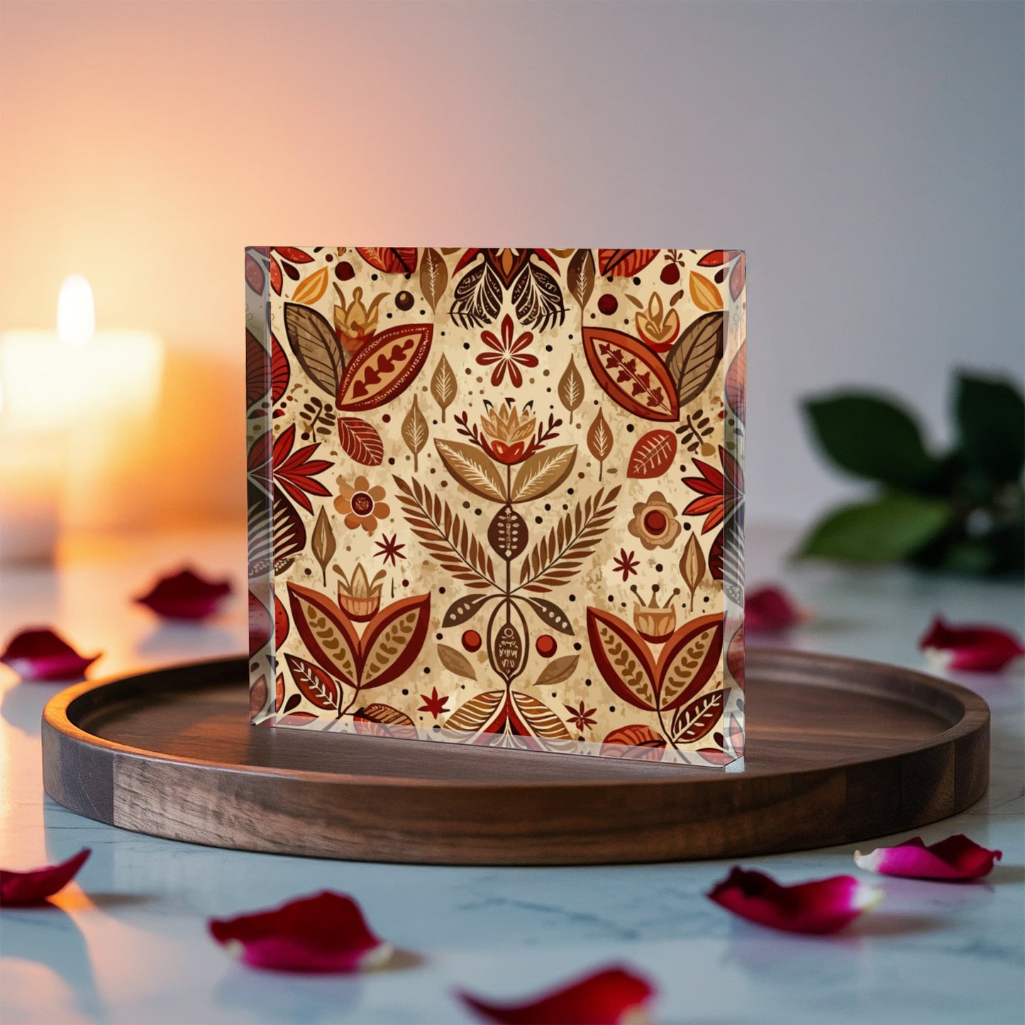 Folk Floral Pattern, Aztec Inspired 01 - 6" x 6" Acrylic Block