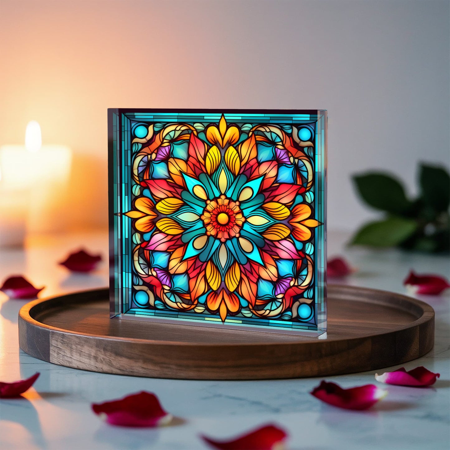 Mandala Stained Glass Style Design 004 - 6" x 6" Acrylic Block