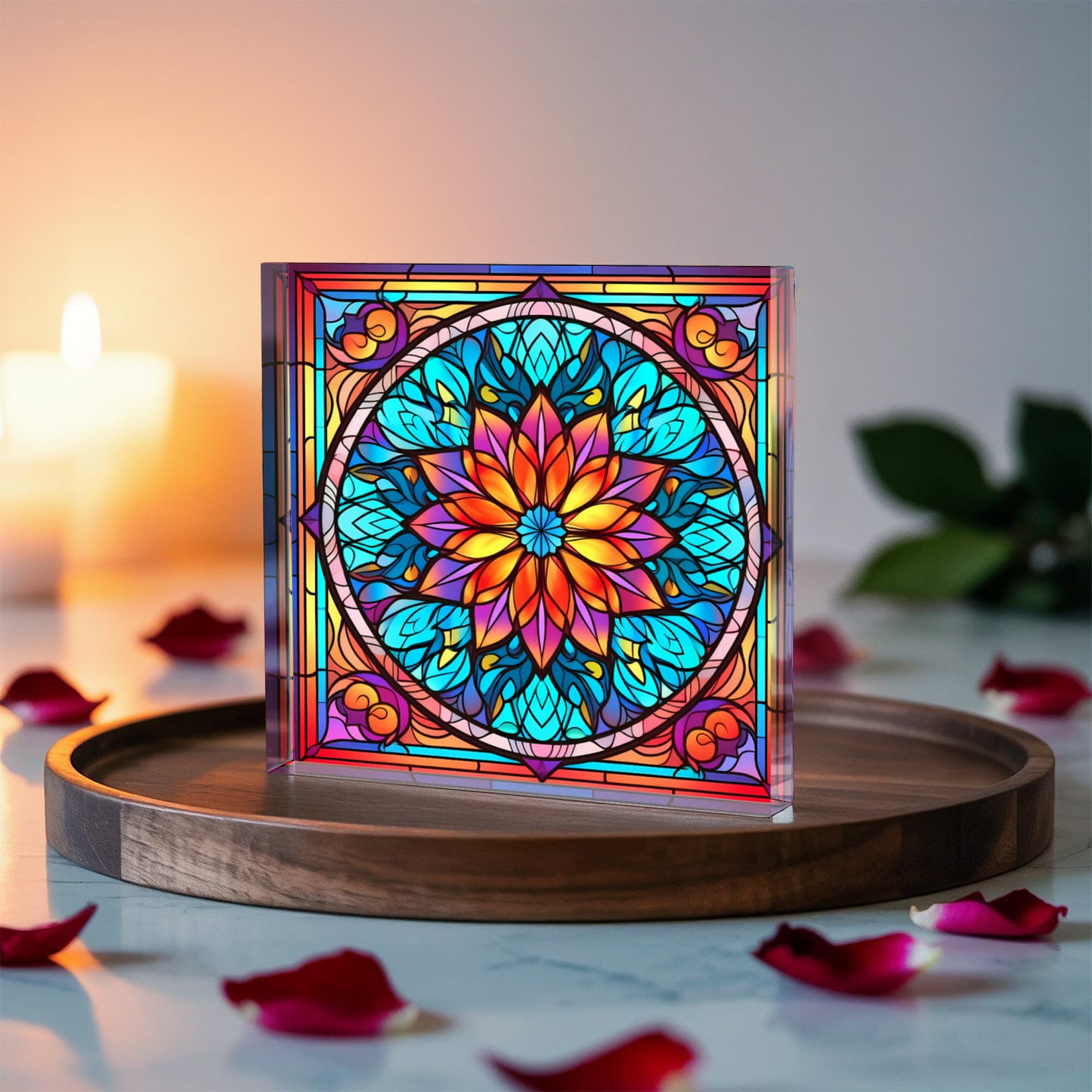 Mandala Stained Glass Style Design 003 - 6" x 6" Acrylic Block