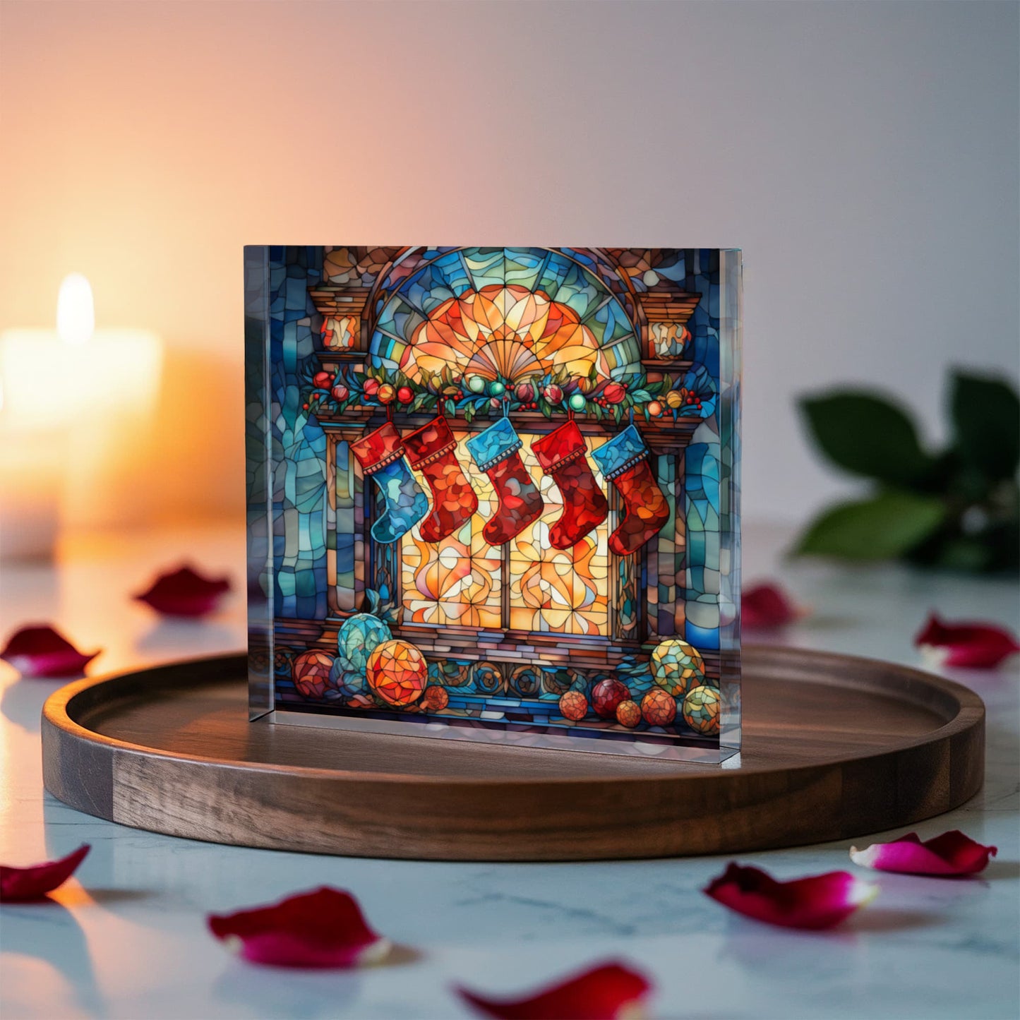 Christmas Stained Glass Style Design 005 - 6" x 6" Acrylic Block