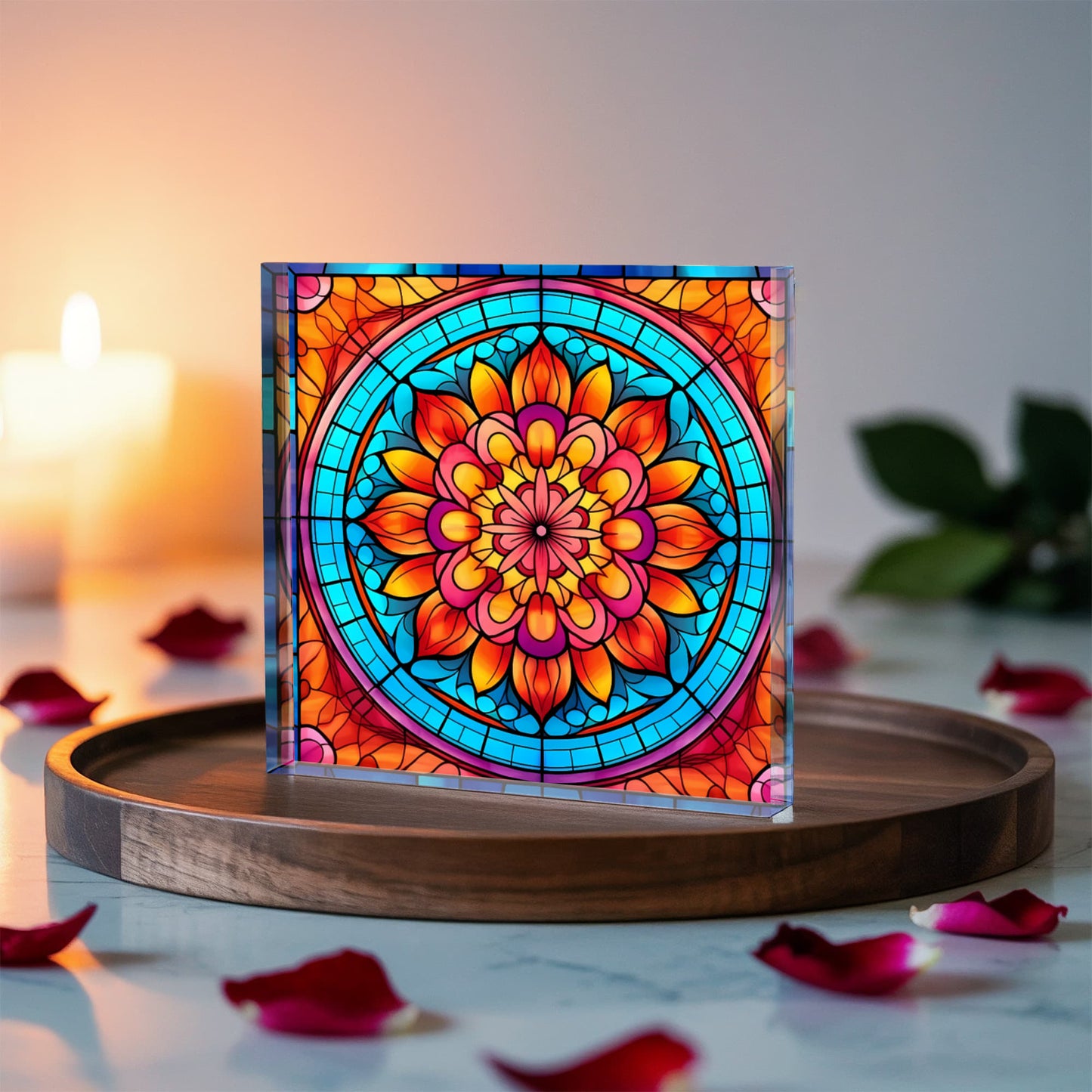 Mandala Stained Glass Style Design 009 - 6" x 6" Acrylic Block