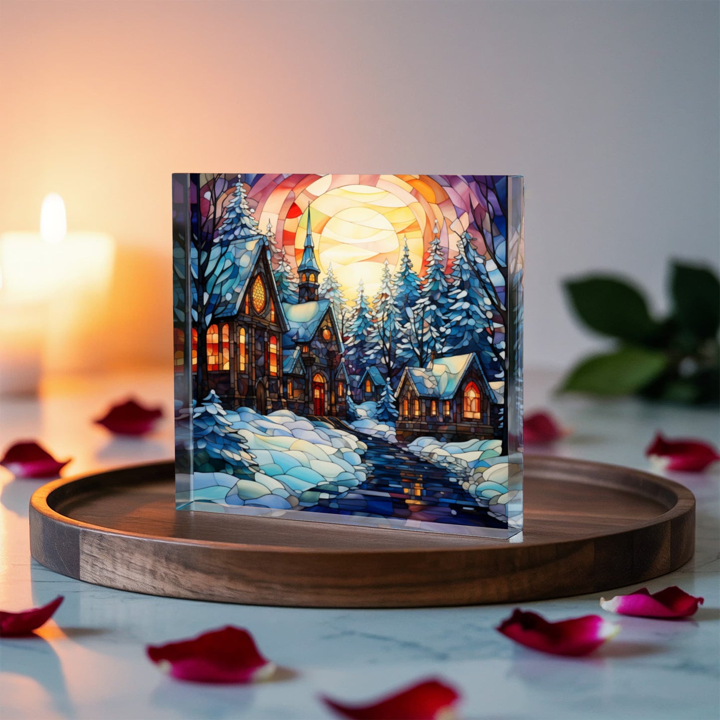 Christmas Stained Glass Style Design 002 - 6" x 6" Acrylic Block