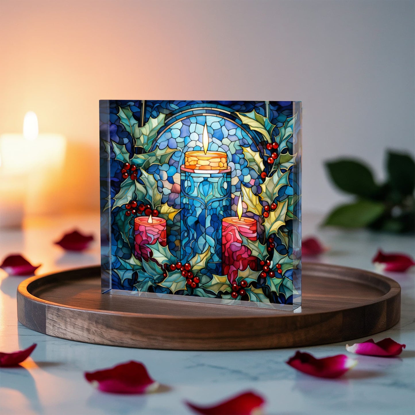 Christmas Stained Glass Style Design 023 - 6" x 6" Acrylic Block