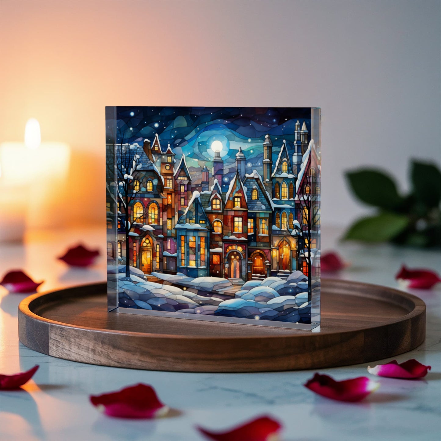 Christmas Stained Glass Style Design 004 - 6" x 6" Acrylic Block