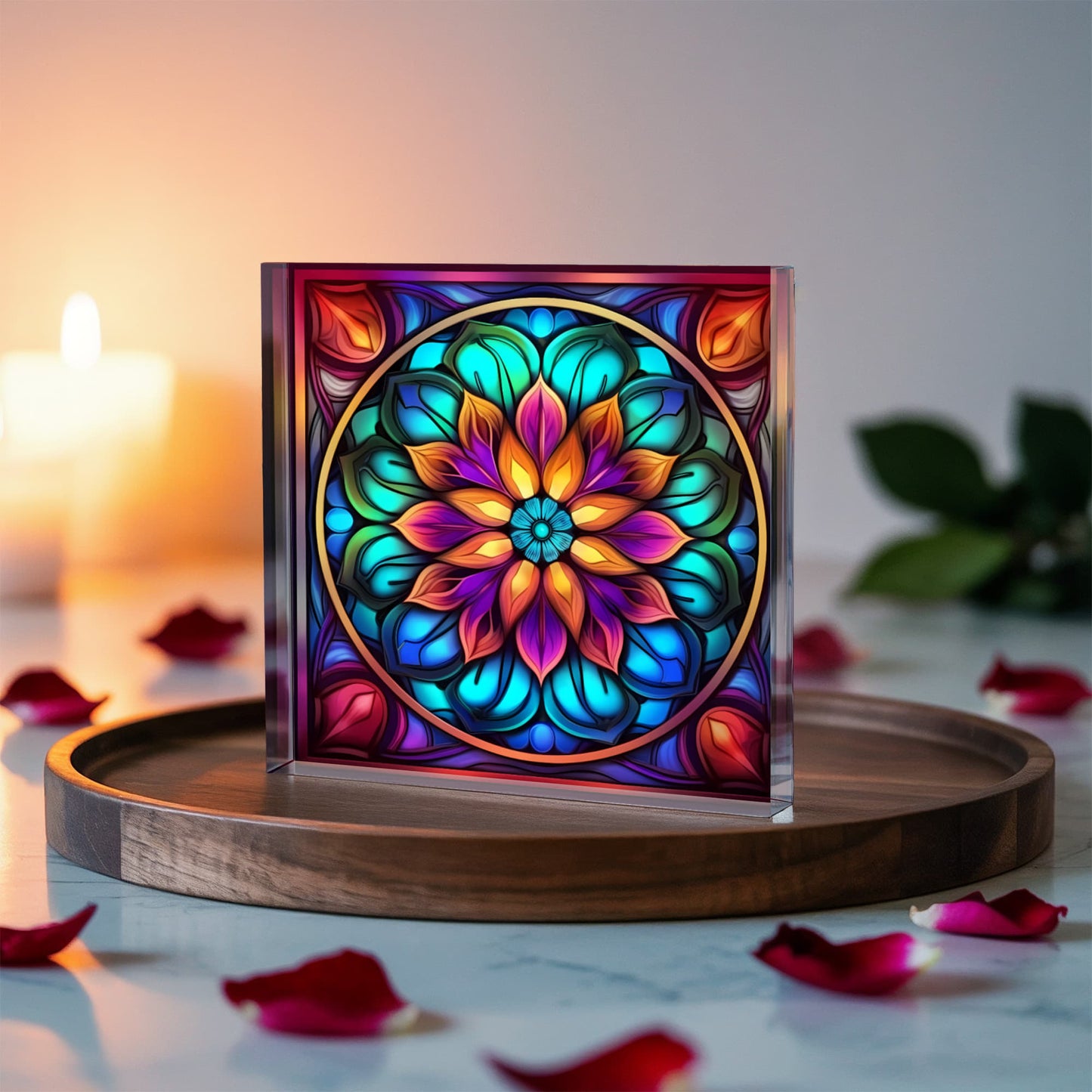 Mandala Stained Glass Style Design 008 - 6" x 6" Acrylic Block
