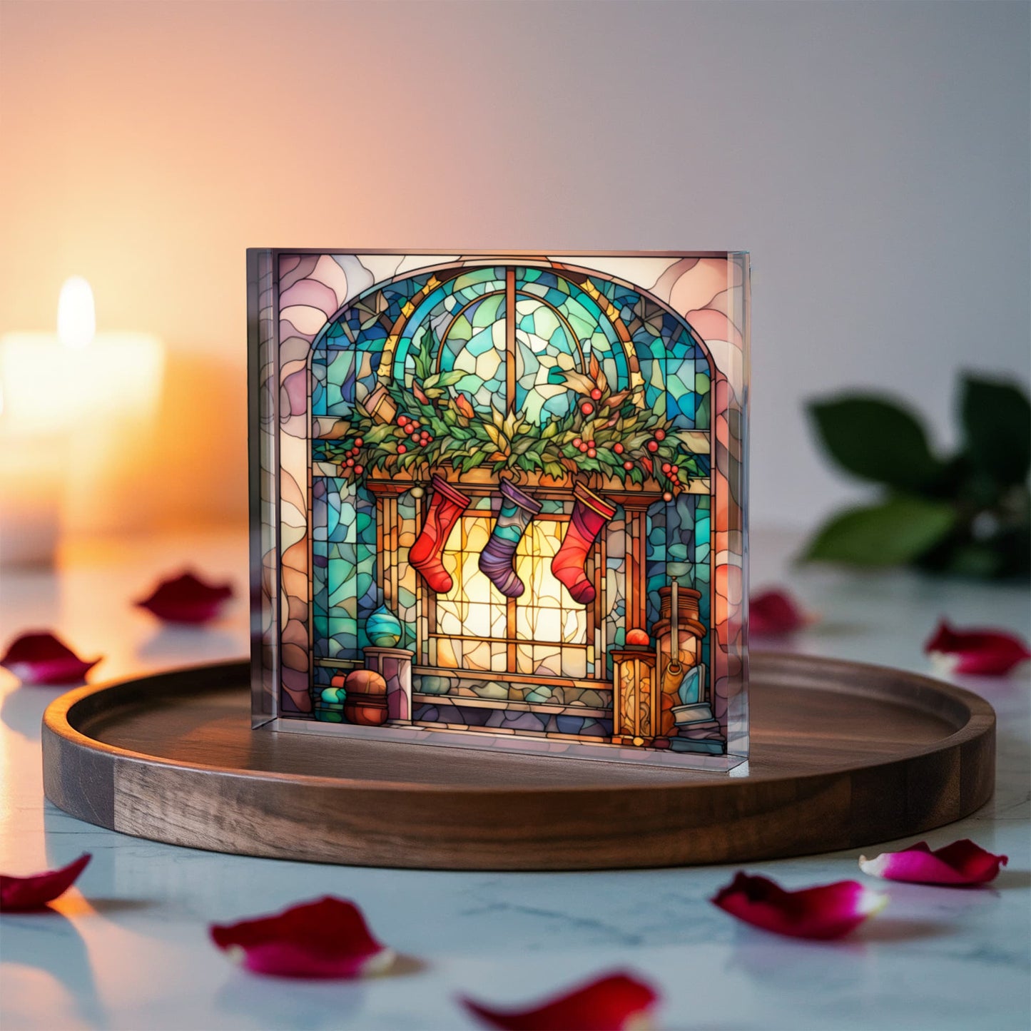 Christmas Stained Glass Style Design 015 - 6" x 6" Acrylic Block
