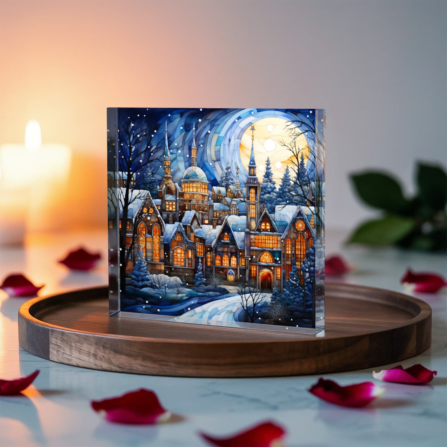 Christmas Stained Glass Style Design 028 - 6" x 6" Acrylic Block