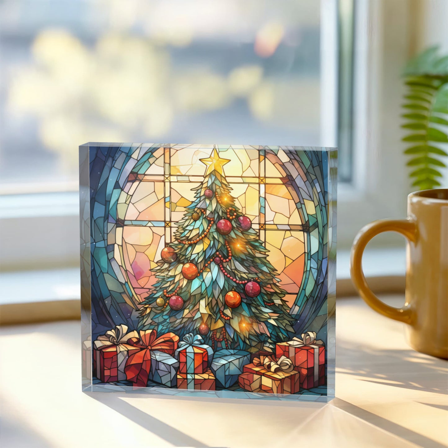 Christmas Stained Glass Style Design 011 - 6" x 6" Acrylic Block