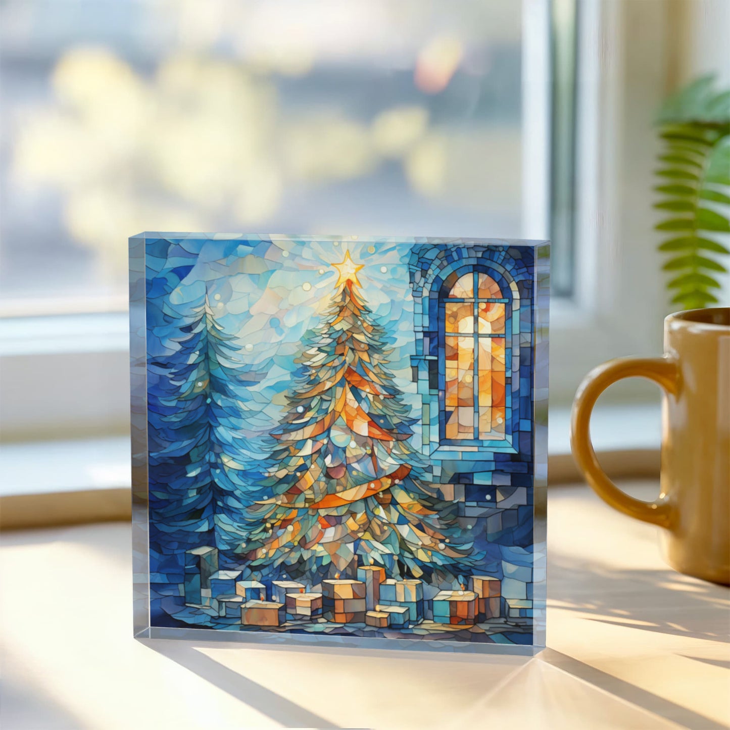 Christmas Stained Glass Style Design 020 - 6" x 6" Acrylic Block