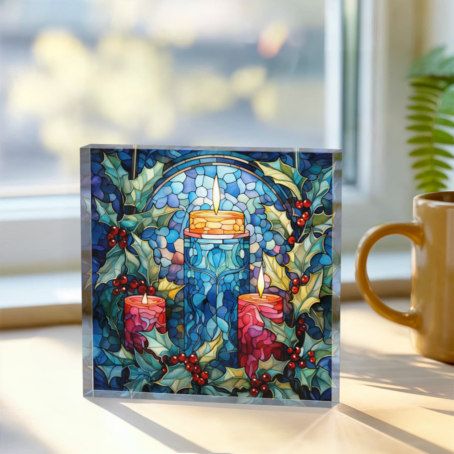 Christmas Stained Glass Style Design 023 - 6" x 6" Acrylic Block