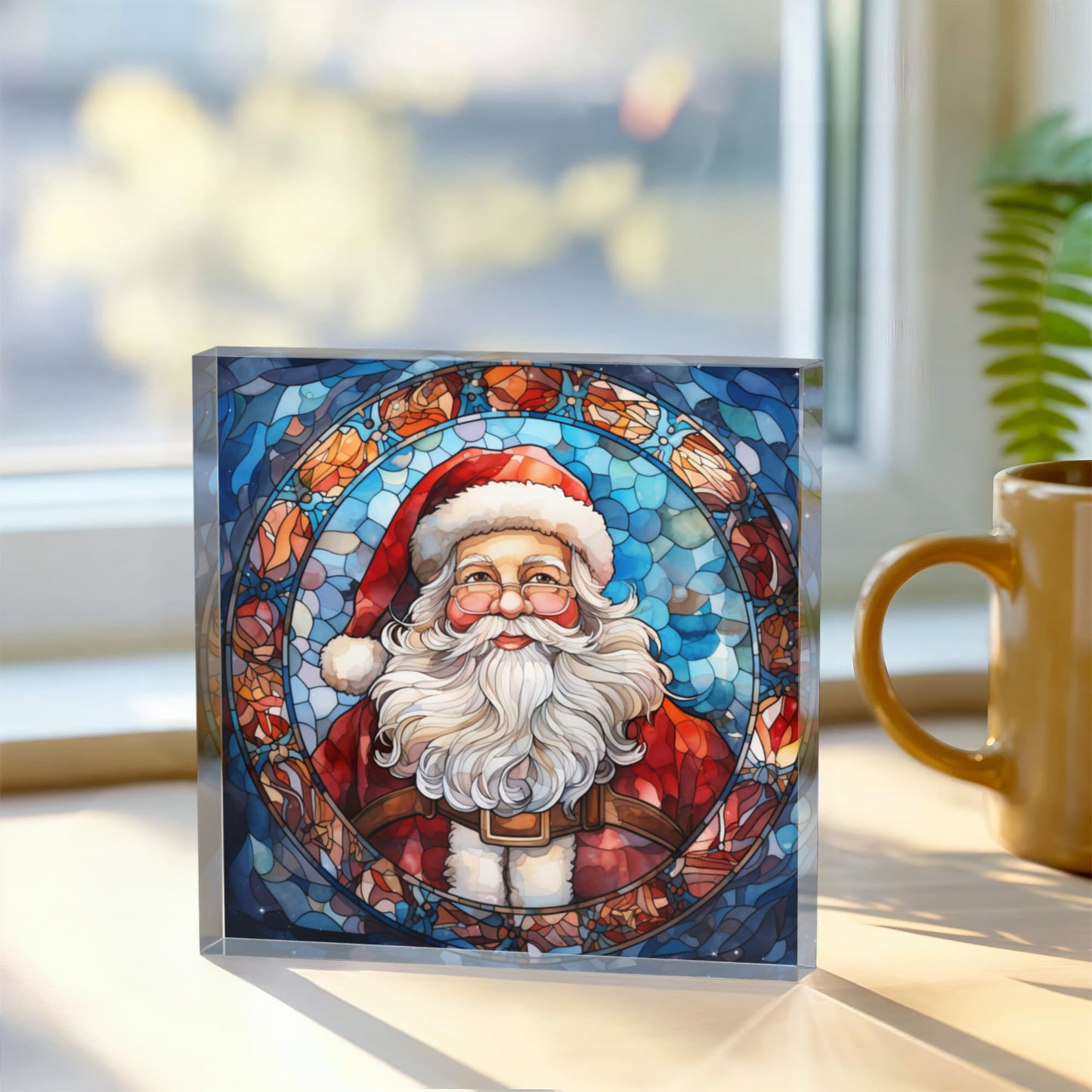 Christmas Stained Glass Style Design 013 - 6" x 6" Acrylic Block