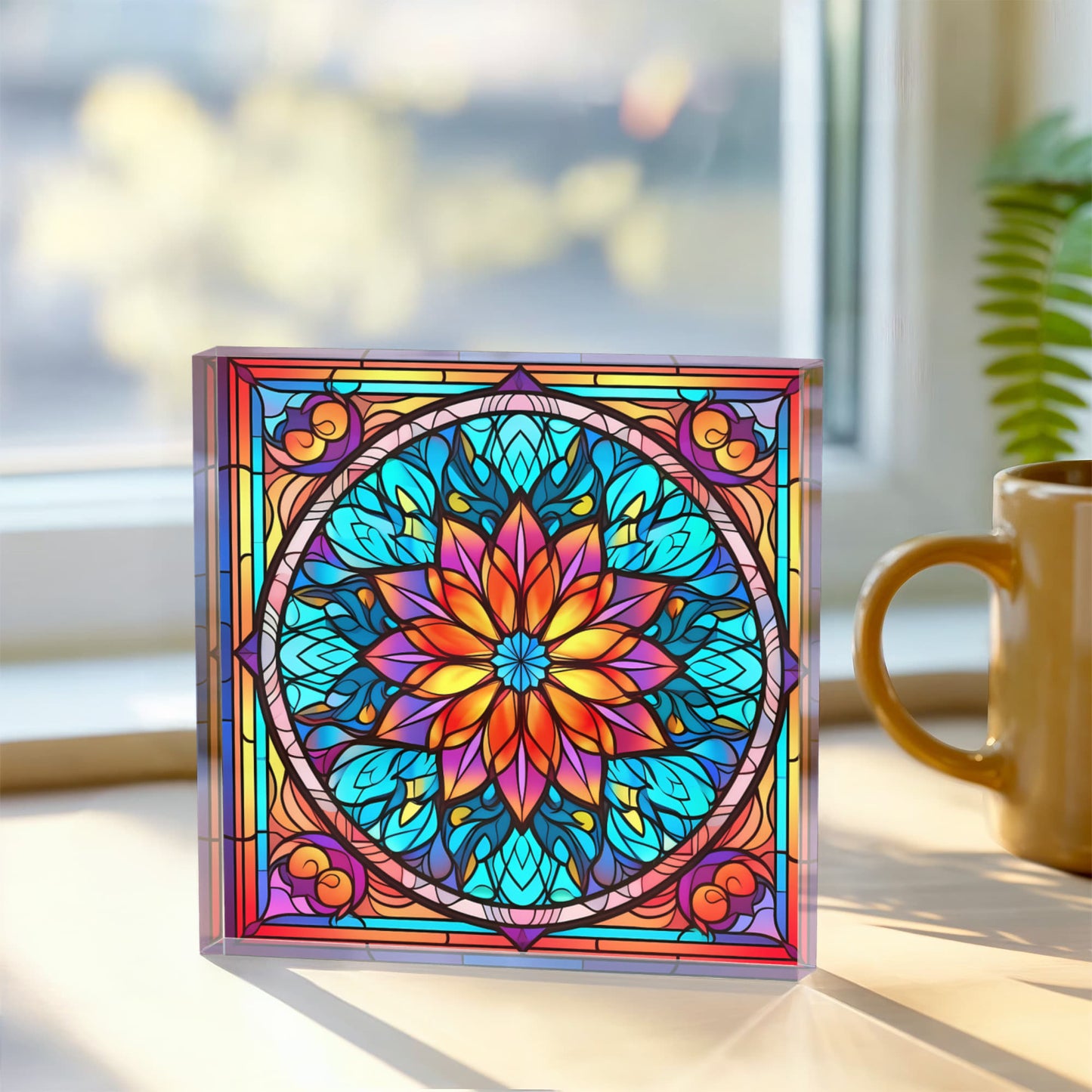 Mandala Stained Glass Style Design 003 - 6" x 6" Acrylic Block