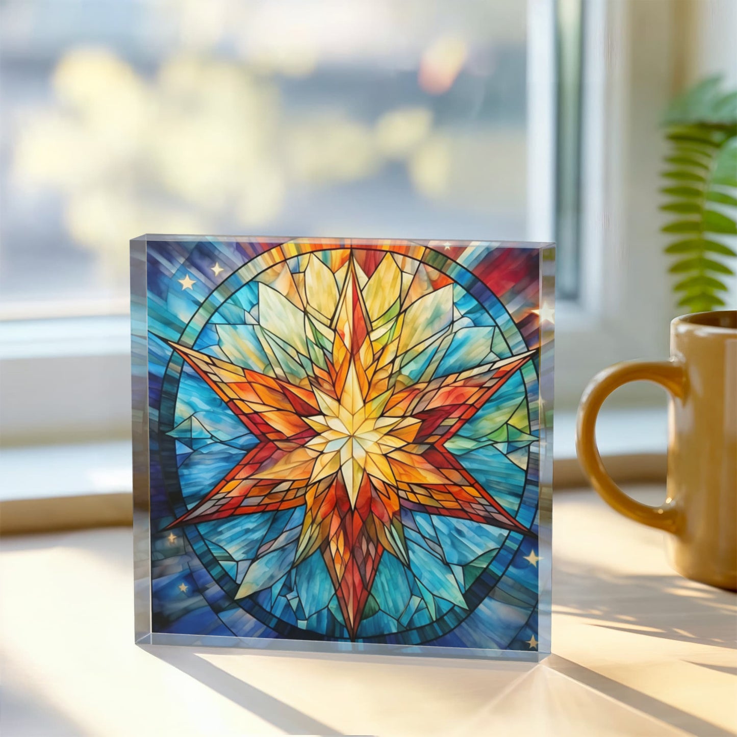 Christmas Stained Glass Style Design 014 - 6" x 6" Acrylic Block