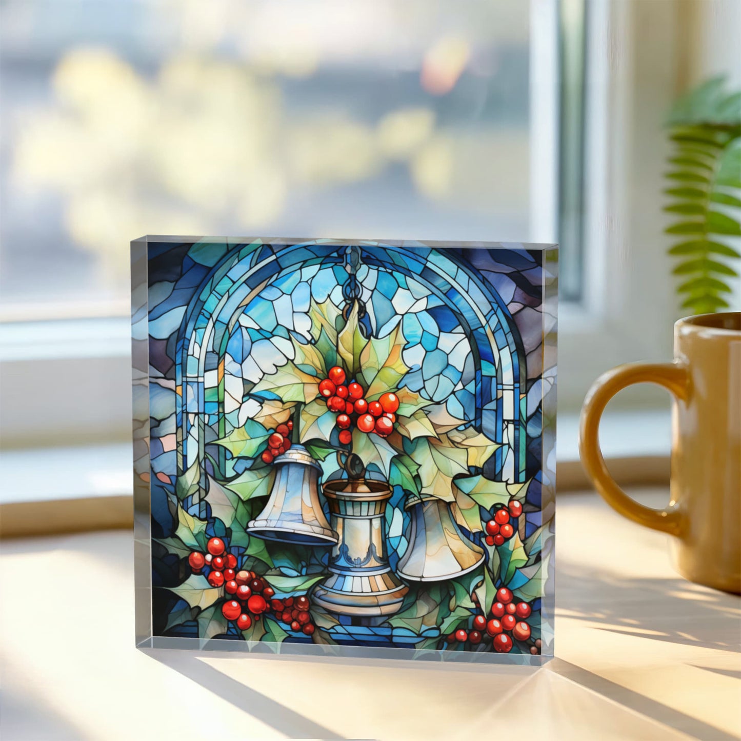 Christmas Stained Glass Style Design 024 - 6" x 6" Acrylic Block