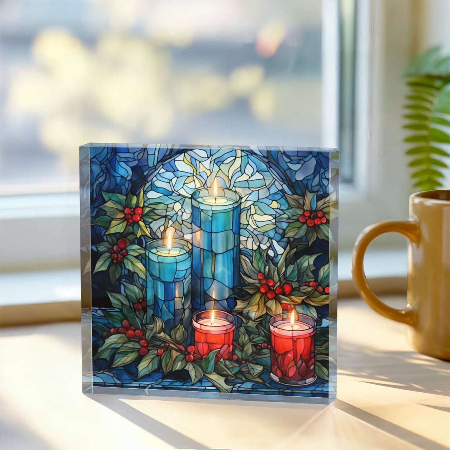 Christmas Stained Glass Style Design 025 - 6" x 6" Acrylic Block