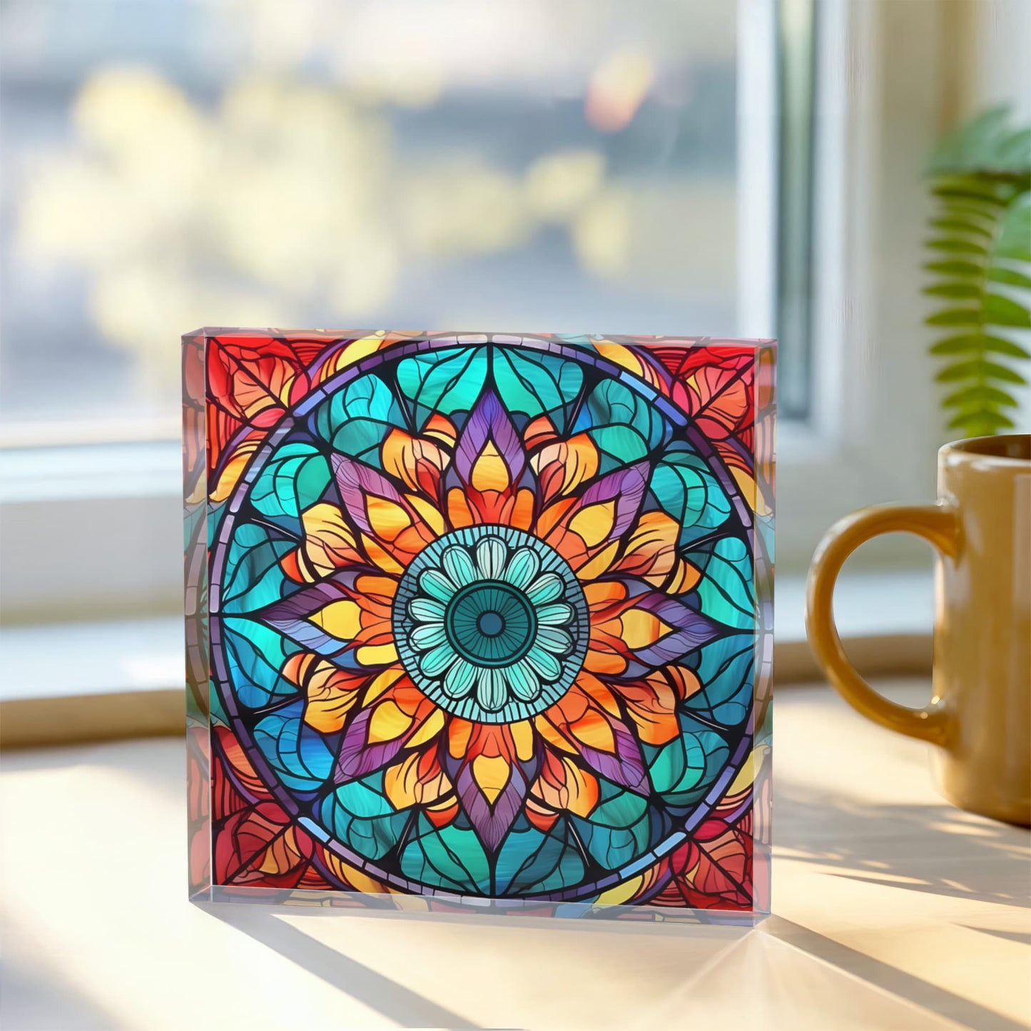 Mandala Stained Glass Style Design 010 - 6" x 6" Acrylic Block