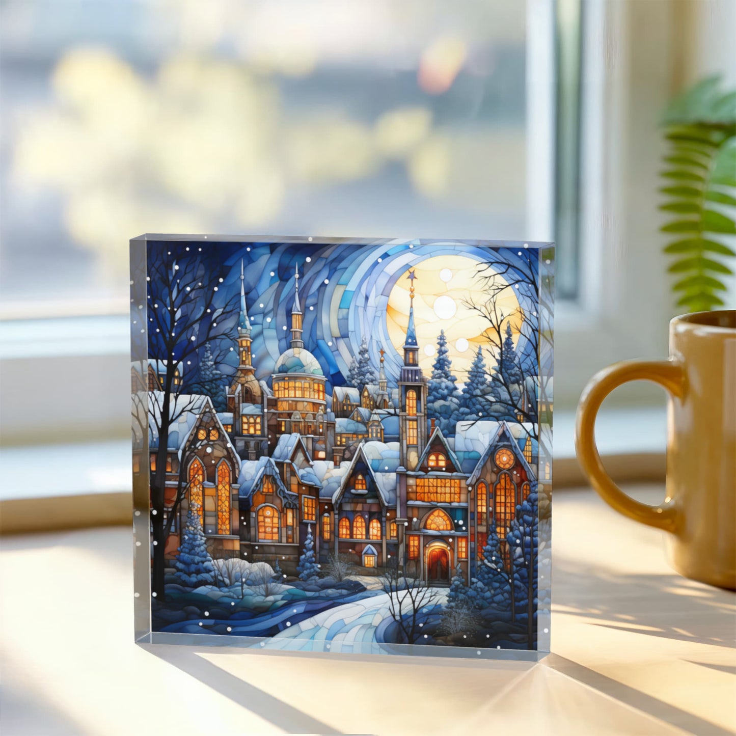 Christmas Stained Glass Style Design 028 - 6" x 6" Acrylic Block