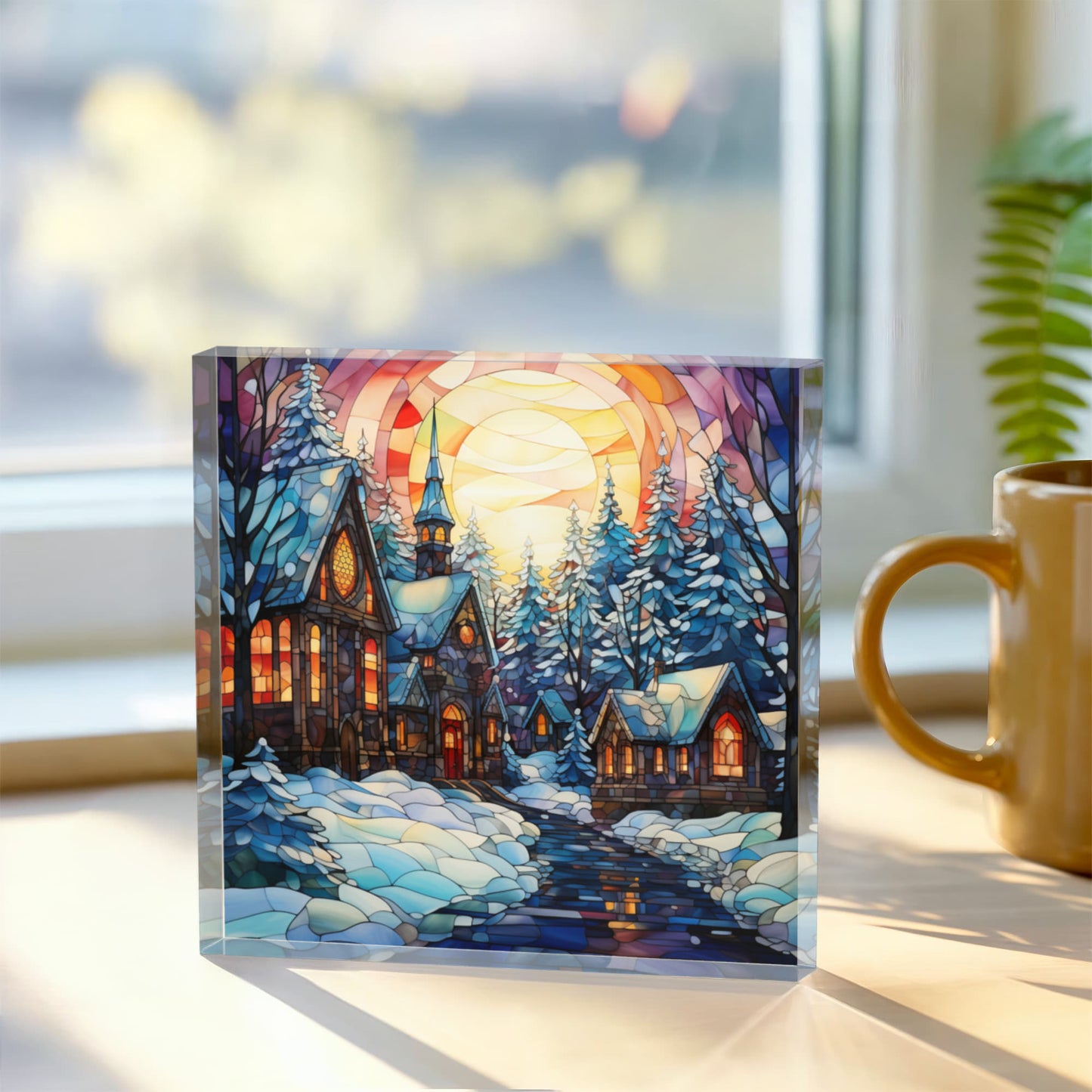 Christmas Stained Glass Style Design 002 - 6" x 6" Acrylic Block